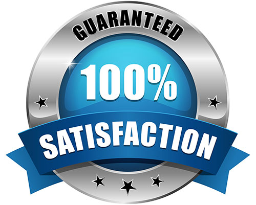 a blue round hundred percent satisfaction guaranteed badge